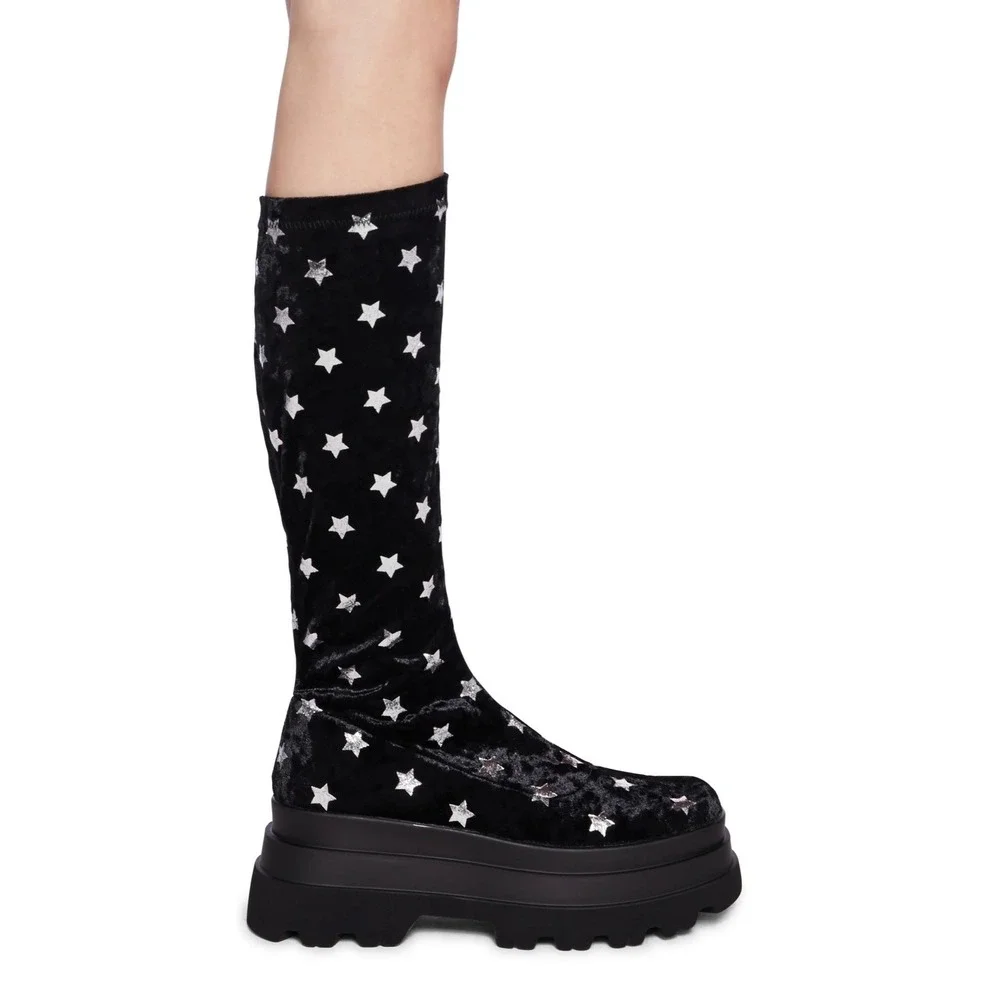 Koi Footwear Women Celestial Dusk Trident Velvet Star Platform Boots US 5 Black
